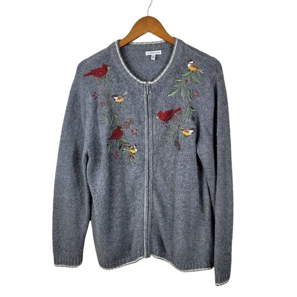 Vintage Cardigan Sweater Large Holiday Cardinal Embroidered Bird Branch Autumn - Picture 2 of 8